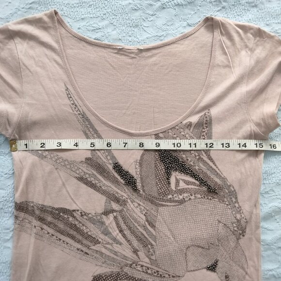 MNG Mango Y2K Pink Beaded T-shirt w/ Bird Print Women's Size S Scoop Neck - Picture 12 of 13
